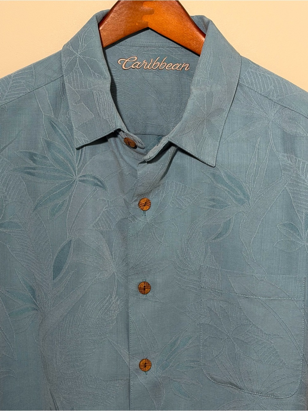 Caribbean Men's Seafoam Green Embroidered Island-Inspired Button-Down Camp Shirt